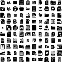 Collection Of 100 Document Icons Set Isolated Solid Silhouette Icons Including Business, Information, Office, Document, File, Folder, Management Infographic Elements Vector Illustration Logo