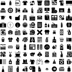 Collection Of 100 Cleaning Icons Set Isolated Solid Silhouette Icons Including Cleaner, Household, Service, Work, Wash, Hygiene, Clean Infographic Elements Vector Illustration Logo