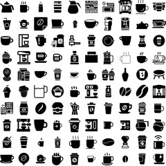 Collection Of 100 Coffee Icons Set Isolated Solid Silhouette Icons Including Drink, Background, Coffee, Beverage, Cafe, Espresso, Black Infographic Elements Vector Illustration Logo