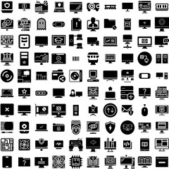 Collection Of 100 Computer Icons Set Isolated Solid Silhouette Icons Including Modern, Display, Laptop, Business, Screen, Technology, Computer Infographic Elements Vector Illustration Logo
