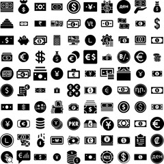 Collection Of 100 Currency Icons Set Isolated Solid Silhouette Icons Including Money, Cash, Business, Finance, Exchange, Payment, Currency Infographic Elements Vector Illustration Logo