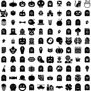 Collection Of 100 Halloween Icons Set Isolated Solid Silhouette Icons Including Holiday, Horror, Spooky, Vector, Pumpkin, Background, Halloween Infographic Elements Vector Illustration Logo