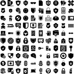 Collection Of 100 Protection Icons Set Isolated Solid Silhouette Icons Including Protection, Safety, Concept, Secure, Protect, Shield, Technology Infographic Elements Vector Illustration Logo