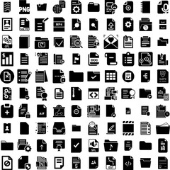 Collection Of 100 Document Icons Set Isolated Solid Silhouette Icons Including Information, Document, File, Business, Office, Folder, Management Infographic Elements Vector Illustration Logo
