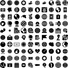 Collection Of 100 World Icons Set Isolated Solid Silhouette Icons Including Map, World, Abstract, Planet, Vector, Illustration, Background Infographic Elements Vector Illustration Logo