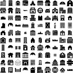 Collection Of 100 Building Icons Set Isolated Solid Silhouette Icons Including Building, Office, Urban, Construction, Architecture, Business, City Infographic Elements Vector Illustration Logo