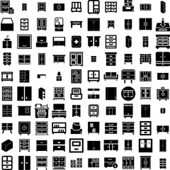 Collection Of 100 Cabinet Icons Set Isolated Solid Silhouette Icons Including Interior, Cabinet, White, House, Room, Home, Modern Infographic Elements Vector Illustration Logo