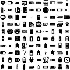 Collection Of 100 Charge Icons Set Isolated Solid Silhouette Icons Including Electric, Charge, Charger, Battery, Energy, Technology, Power Infographic Elements Vector Illustration Logo