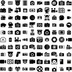 Collection Of 100 Camera Icons Set Isolated Solid Silhouette Icons Including Camera, Photography, Lens, Digital, Photo, Illustration, Equipment Infographic Elements Vector Illustration Logo