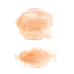 Set of two orange watercolor splashes. Hand drawn illustration isolated on white background. Abstract textures, banner for text, decoration elements.