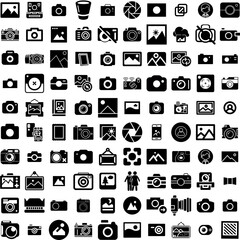 Collection Of 100 Photo Icons Set Isolated Solid Silhouette Icons Including Retro, Frame, Picture, Paper, Photo, Blank, Design Infographic Elements Vector Illustration Logo