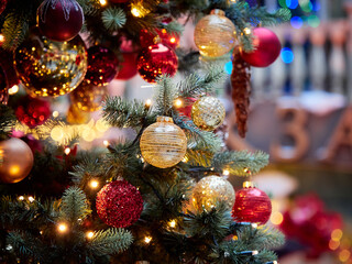 Christmas tree. Christmas decorations and toys on the Christmas tree.