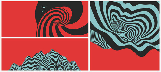 Background with optical illusion. Psychedelic stripes. Landscape background. Terrain. Tunnel. 3d vector illustration for brochure, magazine, poster, presentation, flyer or banner.