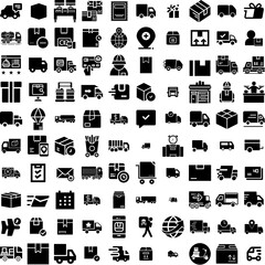 Collection Of 100 Delivery Icons Set Isolated Solid Silhouette Icons Including Order, Service, Fast, Courier, Transport, Shipping, Delivery Infographic Elements Vector Illustration Logo
