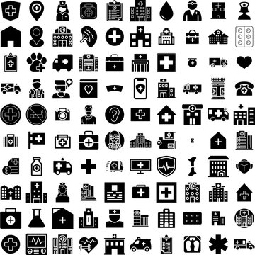 Collection Of 100 Hospital Icons Set Isolated Solid Silhouette Icons Including Health, Medical, Care, Doctor, Patient, Clinic, Hospital Infographic Elements Vector Illustration Logo