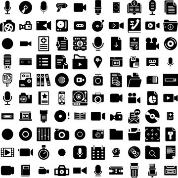 Collection Of 100 Record Icons Set Isolated Solid Silhouette Icons Including Album, Retro, Record, Sound, Vintage, Music, Vinyl Infographic Elements Vector Illustration Logo