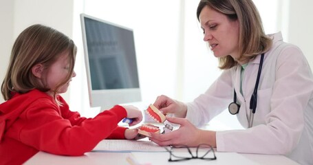 Girl client learns correct brushing teeth technique on jaw at white table in clinic premise. Orthodontist prompts girl explaining harm of improper cleaning slow motion