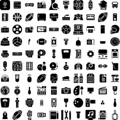 Collection Of 100 Equipment Icons Set Isolated Solid Silhouette Icons Including Equipment, Sport, Set, Isolated, Healthy, Fitness, Health Infographic Elements Vector Illustration Logo
