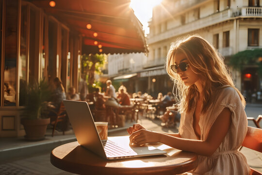 fashion girl working remote on laptop in cozzy coffee in Paris Culinary Delights Digital Nomads Concept ai generated art Generative AI