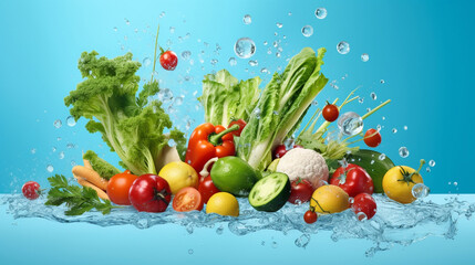 Fresh vegetables falling into water with splashes on blue background. Healthy food and health nutrition concept. 3d illustration. AI generated image.