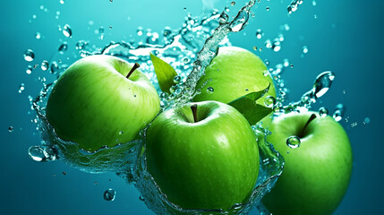 Fresh green apples falling into water with splash on blue background.  Fruits falling into water with  splashes, close up. Fresh fruits with water splash. Healthy food. AI generated