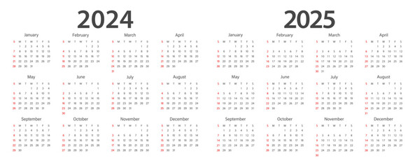 Calendar 2024, calendar 2025 week start Sunday corporate design template vector. - obrazy, fototapety, plakaty