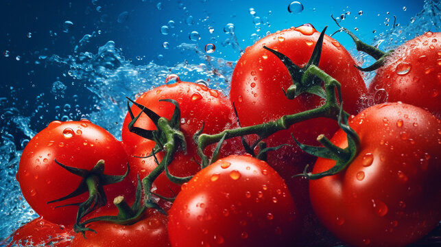 Fresh cherry tomatoes in water splash. Red tomatoes falling in water splash on blue background.  Fresh Vegetables  in water splashes, close up. Healthy food concept. AI generated image.