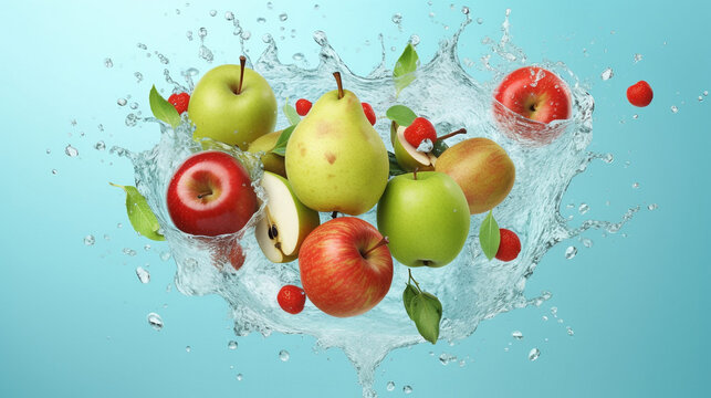 Fresh apples and pears fruits with water splash on blue background. Healthy food concept. Health nutrition concept. Water splashes with  green and red fruits. 3d illustration. AI generated image.
