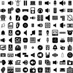 Collection Of 100 Sound Icons Set Isolated Solid Silhouette Icons Including Abstract, Sound, Music, Audio, Vector, Digital, Voice Infographic Elements Vector Illustration Logo