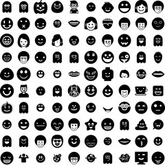 Collection Of 100 Smile Icons Set Isolated Solid Silhouette Icons Including Young, Happy, Cheerful, Face, Isolated, Smile, Woman Infographic Elements Vector Illustration Logo