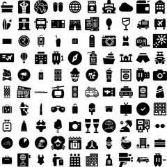 Collection Of 100 Vacation Icons Set Isolated Solid Silhouette Icons Including Sea, Vacation, Happy, Holiday, Beach, Summer, Travel Infographic Elements Vector Illustration Logo