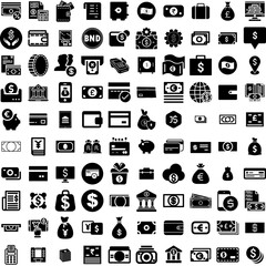 Collection Of 100 Money Icons Set Isolated Solid Silhouette Icons Including Payment, Dollar, Money, Business, Cash, Currency, Finance Infographic Elements Vector Illustration Logo