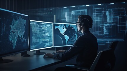 Future smart digital technology with a focus on a software engineer utilizing a computer with lines of code, data analysis, and AI algorithms to improve business operations