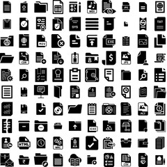 Collection Of 100 Document Icons Set Isolated Solid Silhouette Icons Including File, Management, Office, Folder, Information, Document, Business Infographic Elements Vector Illustration Logo