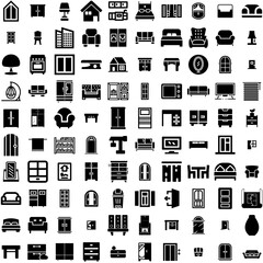 Collection Of 100 Interior Icons Set Isolated Solid Silhouette Icons Including Wall, Apartment, Design, Interior, Modern, Home, Room Infographic Elements Vector Illustration Logo
