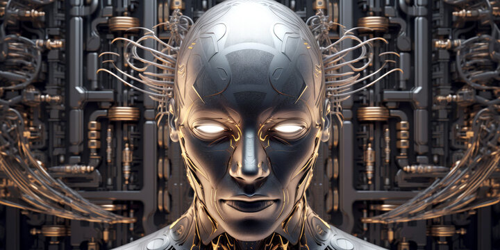 Kopf eines m&auml;nnlichen Cyborgs, Datenkontrolle durch k&uuml;nstliche Intelligenz, Generative AI