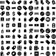 Collection Of 100 Price Icons Set Isolated Solid Silhouette Icons Including Business, Tag, Vector, Symbol, Price, Label, Sale Infographic Elements Vector Illustration Logo