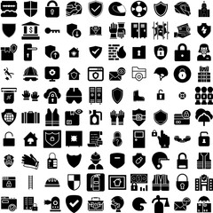 Collection Of 100 Safety Icons Set Isolated Solid Silhouette Icons Including Health, Industry, Safety, Worker, Protection, Work, Concept Infographic Elements Vector Illustration Logo
