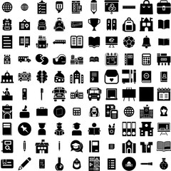 Collection Of 100 School Icons Set Isolated Solid Silhouette Icons Including Back, Student, School, Book, Education, Background, Study Infographic Elements Vector Illustration Logo