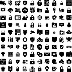 Collection Of 100 Secure Icons Set Isolated Solid Silhouette Icons Including Secure, Computer, Protection, Internet, Technology, Security, Privacy Infographic Elements Vector Illustration Logo