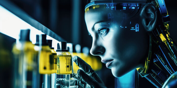 Weiblicher Cyborg im Chemielabor, Generative AI