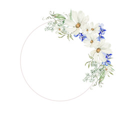 Watercolor wreath with forget me not flowers and chamomile, green leaves.