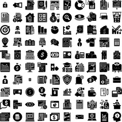 Collection Of 100 Financial Icons Set Isolated Solid Silhouette Icons Including Financial, Investment, Business, Analysis, Growth, Finance, Graph Infographic Elements Vector Illustration Logo
