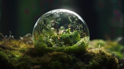 Obraz na płótnie Canvas crystal ball on moss in a bright forest environment