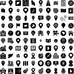 Collection Of 100 Location Icons Set Isolated Solid Silhouette Icons Including Sign, Pin, Symbol, Location, Place, Icon, Vector Infographic Elements Vector Illustration Logo