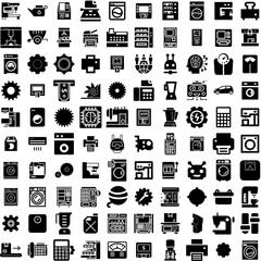 Collection Of 100 Machine Icons Set Isolated Solid Silhouette Icons Including Household, Technology, Machine, White, Background, Isolated, Equipment Infographic Elements Vector Illustration Logo