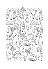 Fototapeta na wymiar Magic mushrooms collection. Colouring page. Background for your design. Vector illustration