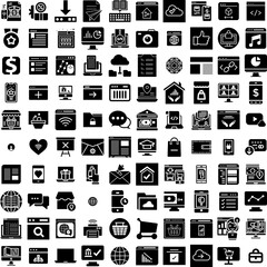 Collection Of 100 Online Icons Set Isolated Solid Silhouette Icons Including Online, Store, Digital, Internet, Business, Concept, Technology Infographic Elements Vector Illustration Logo