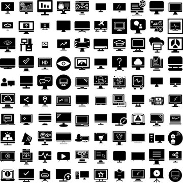 Collection Of 100 Monitor Icons Set Isolated Solid Silhouette Icons Including Isolated, Computer, Screen, Monitor, Display, Business, Technology Infographic Elements Vector Illustration Logo