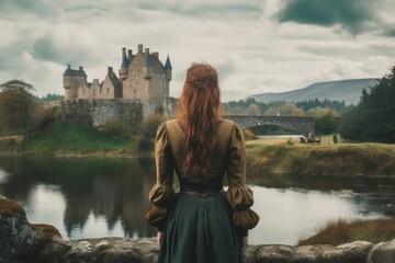 Scot woman travel scottish castle. Generate Ai - obrazy, fototapety, plakaty